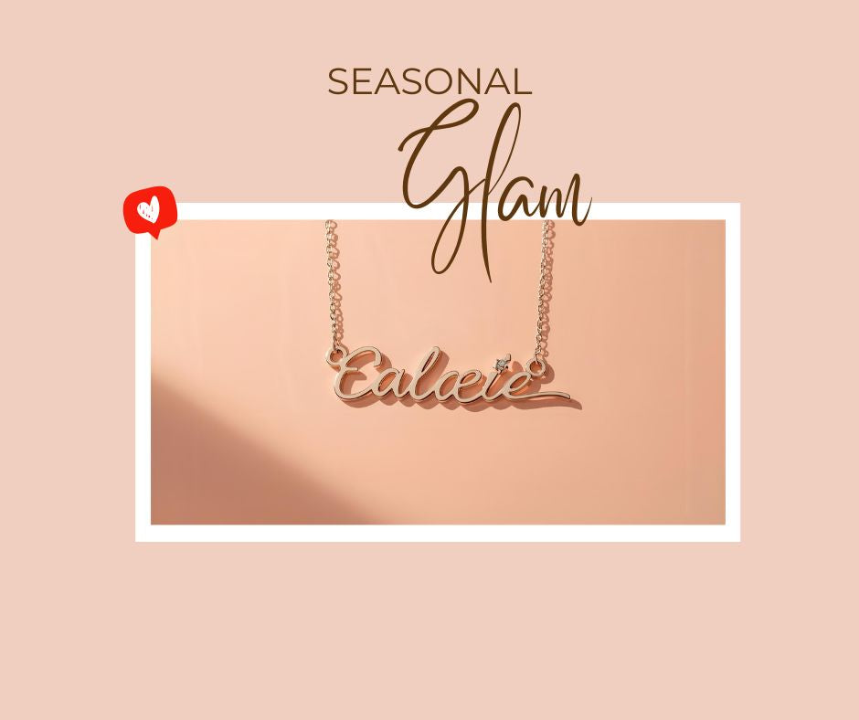 Rose gold personalized name necklace displayed on a soft beige background with seasonal glam text.