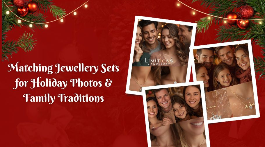 Family of four wearing matching personalized jewellery from Limitless Jewellery—name necklaces, heart pendants, and birthstones—posing in a cozy, festive holiday setting with warm lighting and decorations.