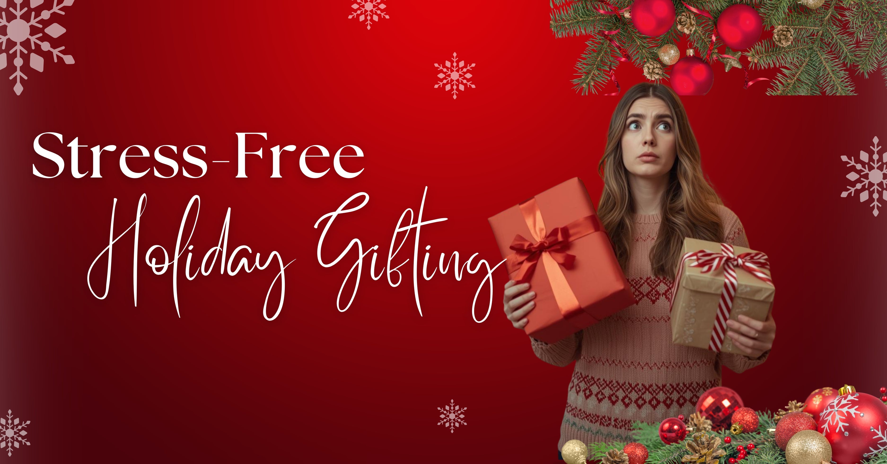 A lady looking confused holding xmas gifts as she doesnot know what to buy for some hard to gift people.