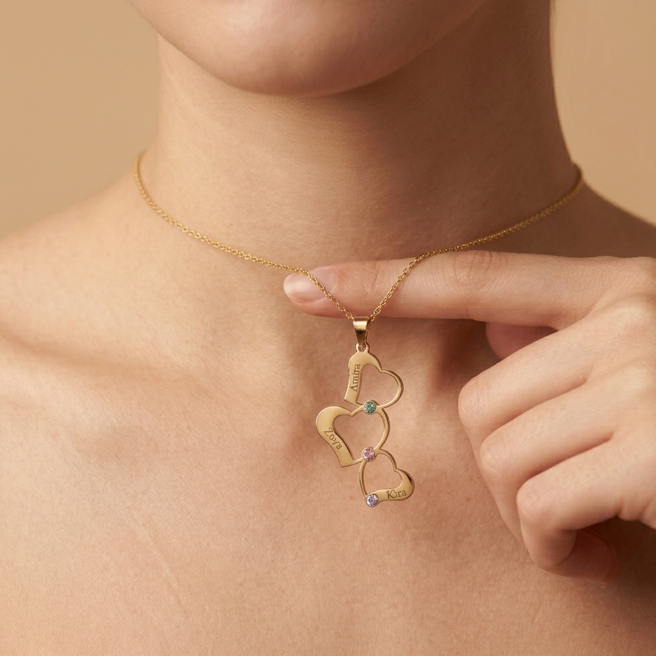 Personalized 3 Heart Birthstone Necklace - Limitless Jewellery