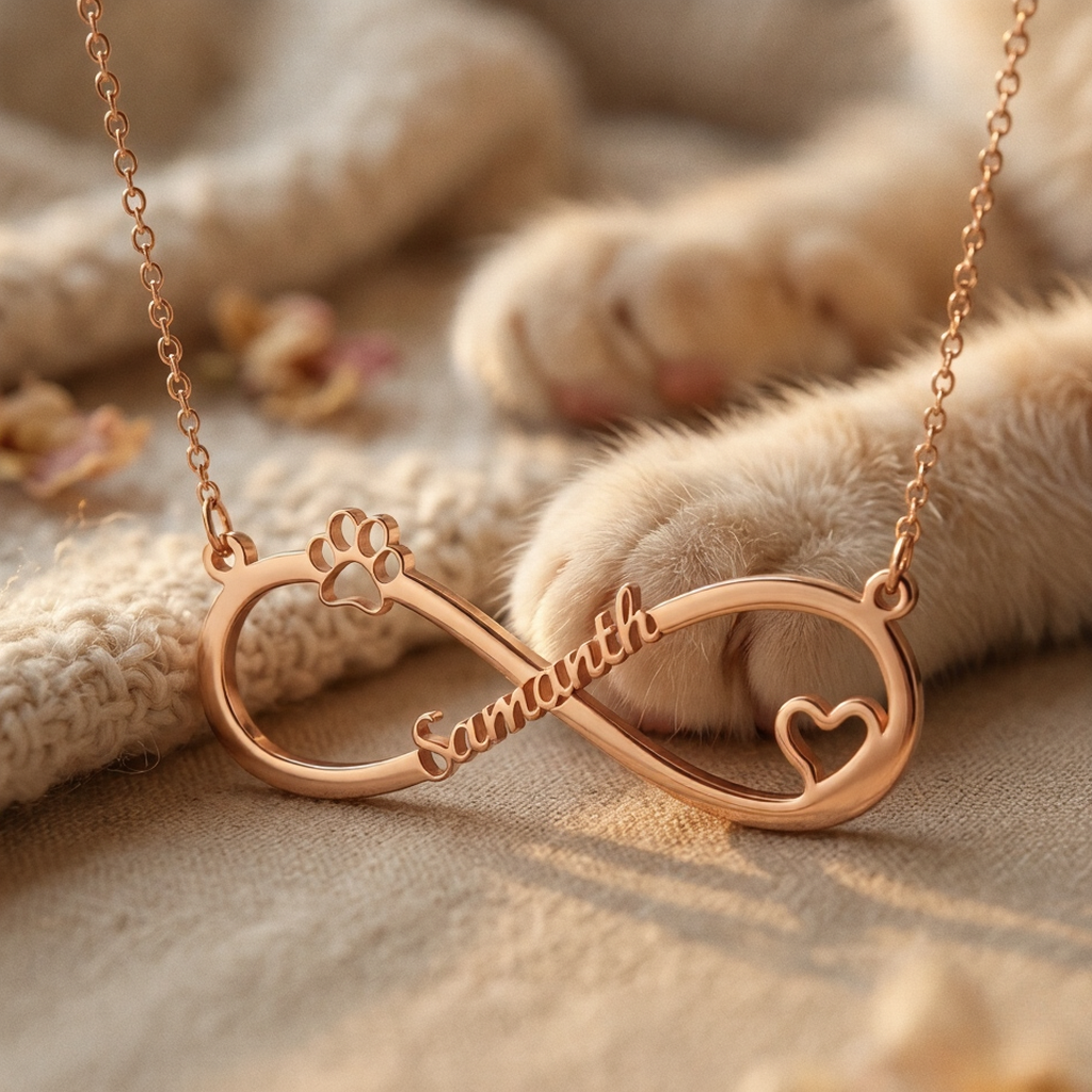 A macro product photograph of a rose gold stainless steel infinity necklace on a delicate cable chain. The infinity-shaped pendant is engraved with the name "Samantha" in a flowing cursive script running through the center. The left loop of the infinity symbol features a raised paw print charm, while the right loop contains a small open heart cutout. The necklace is nestled between two large, fluffy cream-colored cat paws resting on a soft knit textile. The background is softly blurred with warm neutral ton