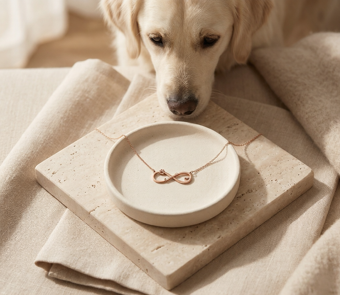 A warmly lit lifestyle product photo of a rose gold chain necklace with an infinity-shaped pendant. The pendant features a paw print cutout on one side and a small heart on the other. The necklace is displayed on a round shallow white ceramic dish, which sits on a square travertine marble tile. The entire setup rests on draped cream linen fabric. In the upper portion of the image, a golden retriever leans its head down toward the necklace with a gentle, curious expression, creating an emotionally warm and i