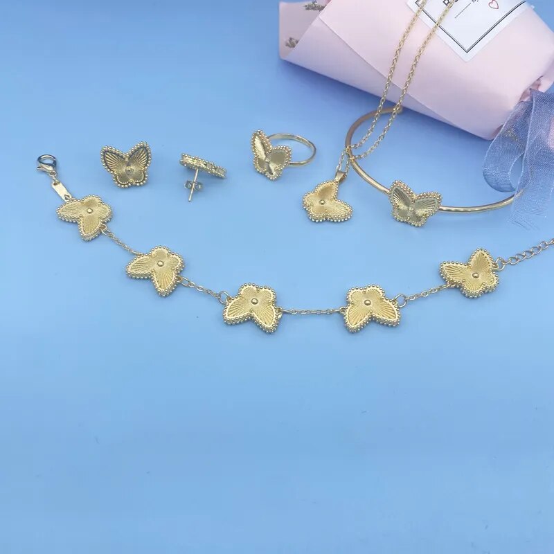 Flower and Butterfly Gold Color Jewelry Set for Women - Earring and Necklace