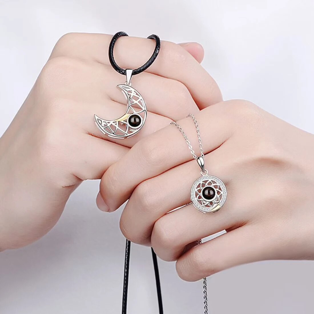 Custom Sun & Moon Projection Couple Necklace
