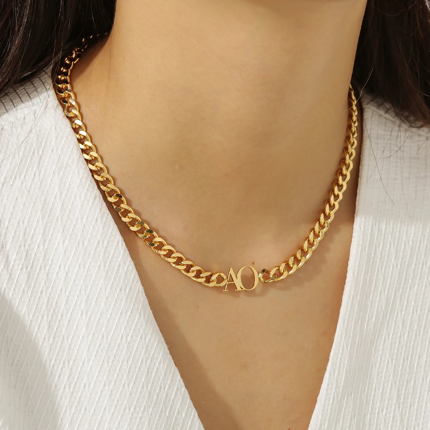 Double Initial Letter Necklace with Cuban Chain
