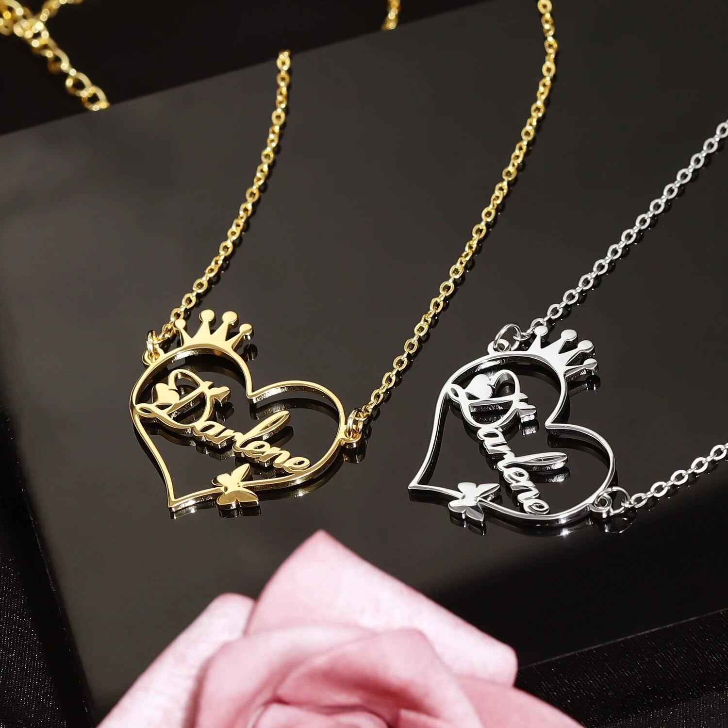 Personalized Heart Name Necklace with Crown