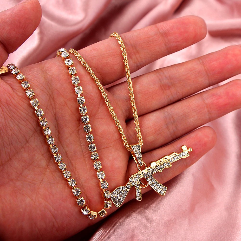 AK47 Gun Tennis and Long Chain Pendant Necklace - Limitless Jewellery