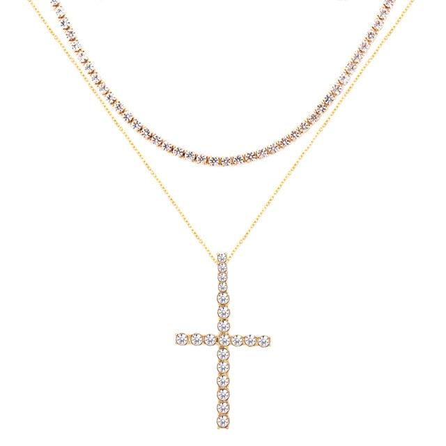 Punk Silver Color Cross Rhinestone Multi-layer Pendant Necklace