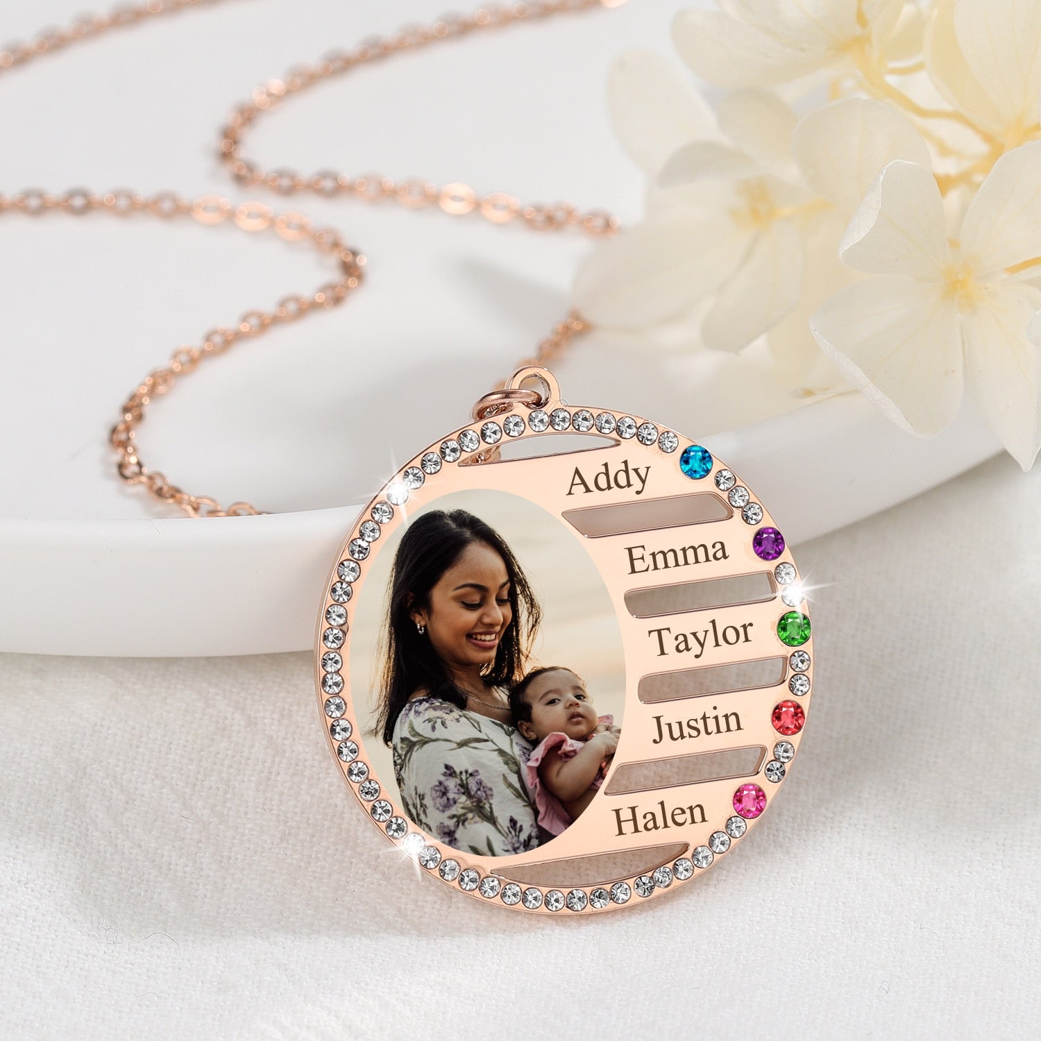 Personalized Family Birthstone Photo Necklace