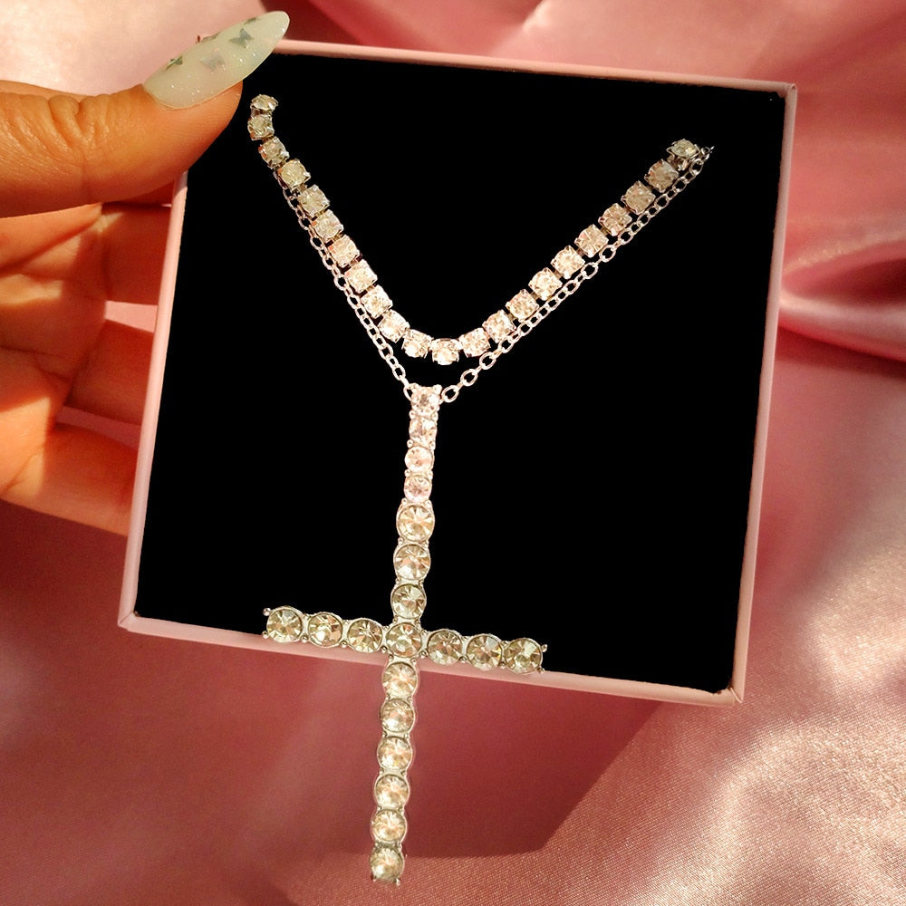 Punk Silver Color Cross Rhinestone Multi-layer Pendant Necklace