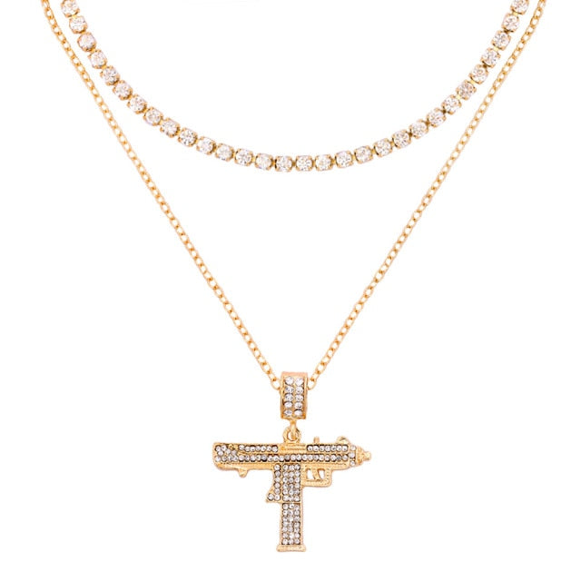 Punk Silver Color Cross Rhinestone Multi-layer Pendant Necklace