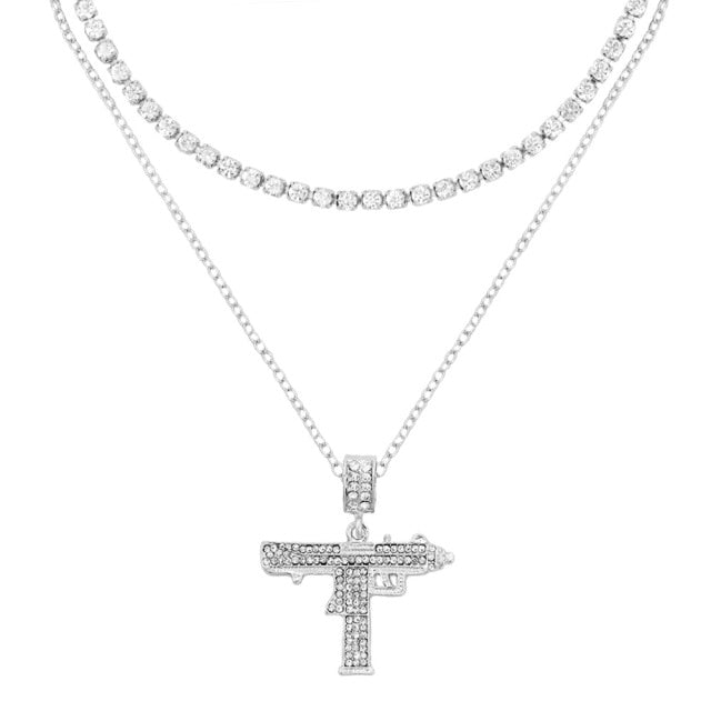 Punk Silver Color Cross Rhinestone Multi-layer Pendant Necklace