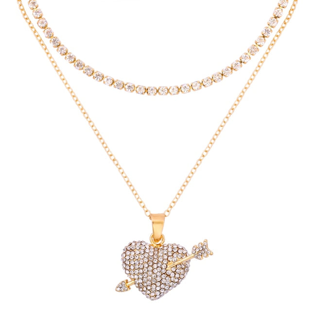 Punk Silver Color Cross Rhinestone Multi-layer Pendant Necklace