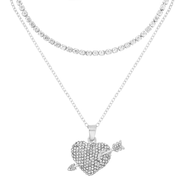Punk Silver Color Cross Rhinestone Multi-layer Pendant Necklace