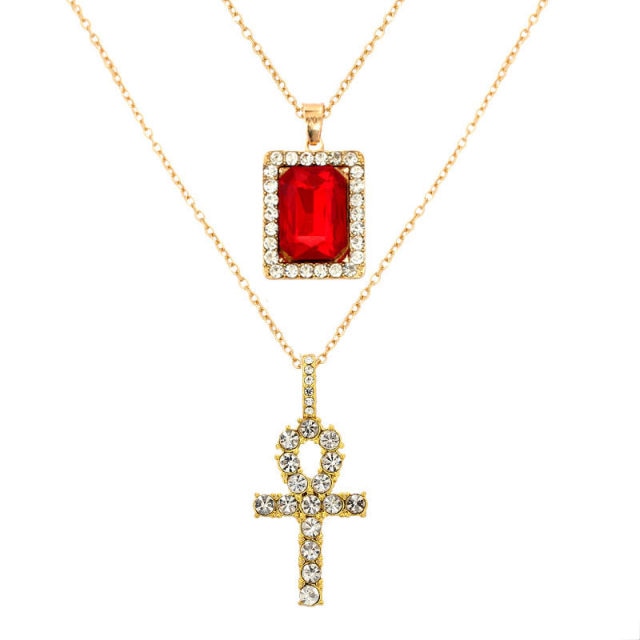 Punk Silver Color Cross Rhinestone Multi-layer Pendant Necklace