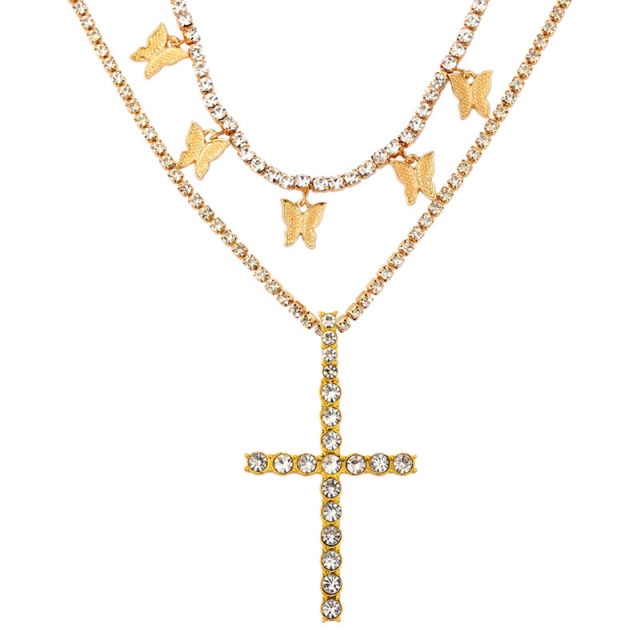 Punk Silver Color Cross Rhinestone Multi-layer Pendant Necklace