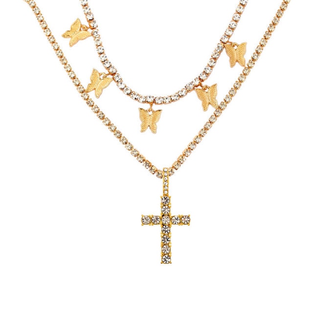 Punk Silver Color Cross Rhinestone Multi-layer Pendant Necklace