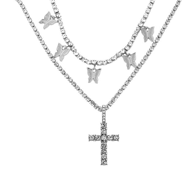 Punk Silver Color Cross Rhinestone Multi-layer Pendant Necklace