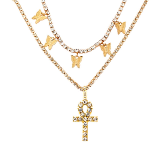 Punk Silver Color Cross Rhinestone Multi-layer Pendant Necklace