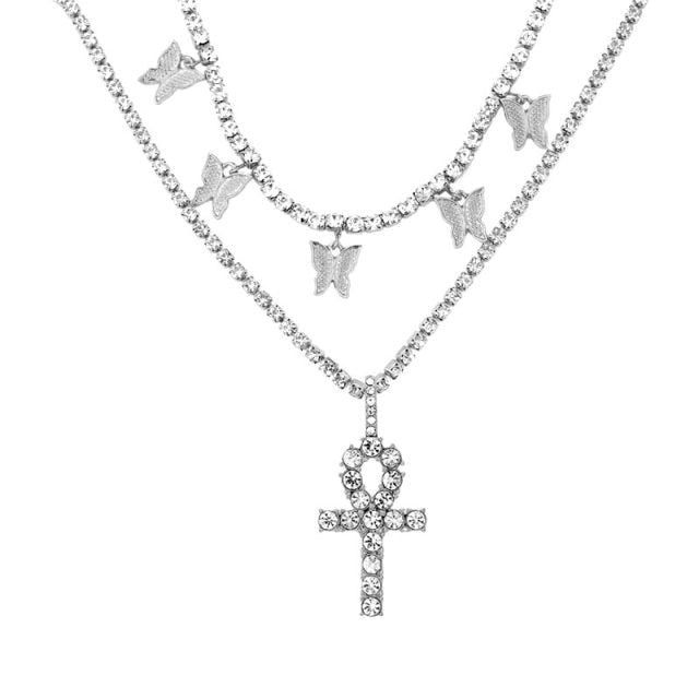 Punk Silver Color Cross Rhinestone Multi-layer Pendant Necklace