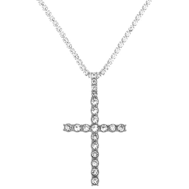 Punk Silver Color Cross Rhinestone Multi-layer Pendant Necklace