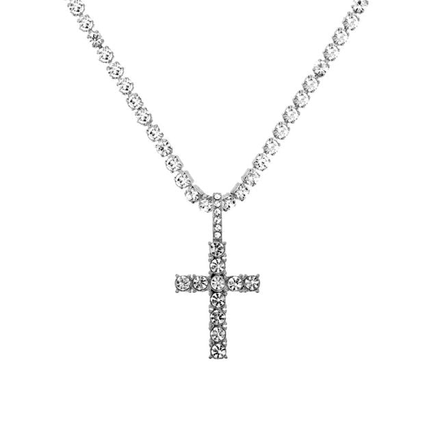 Punk Silver Color Cross Rhinestone Multi-layer Pendant Necklace