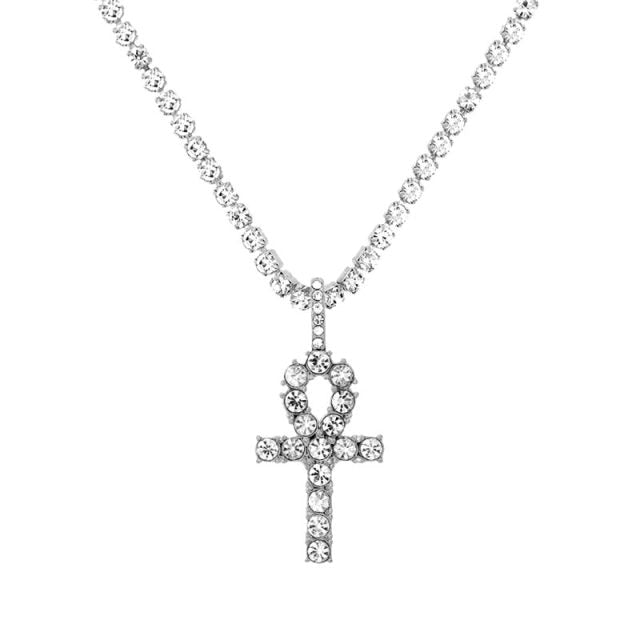 Punk Silver Color Cross Rhinestone Multi-layer Pendant Necklace
