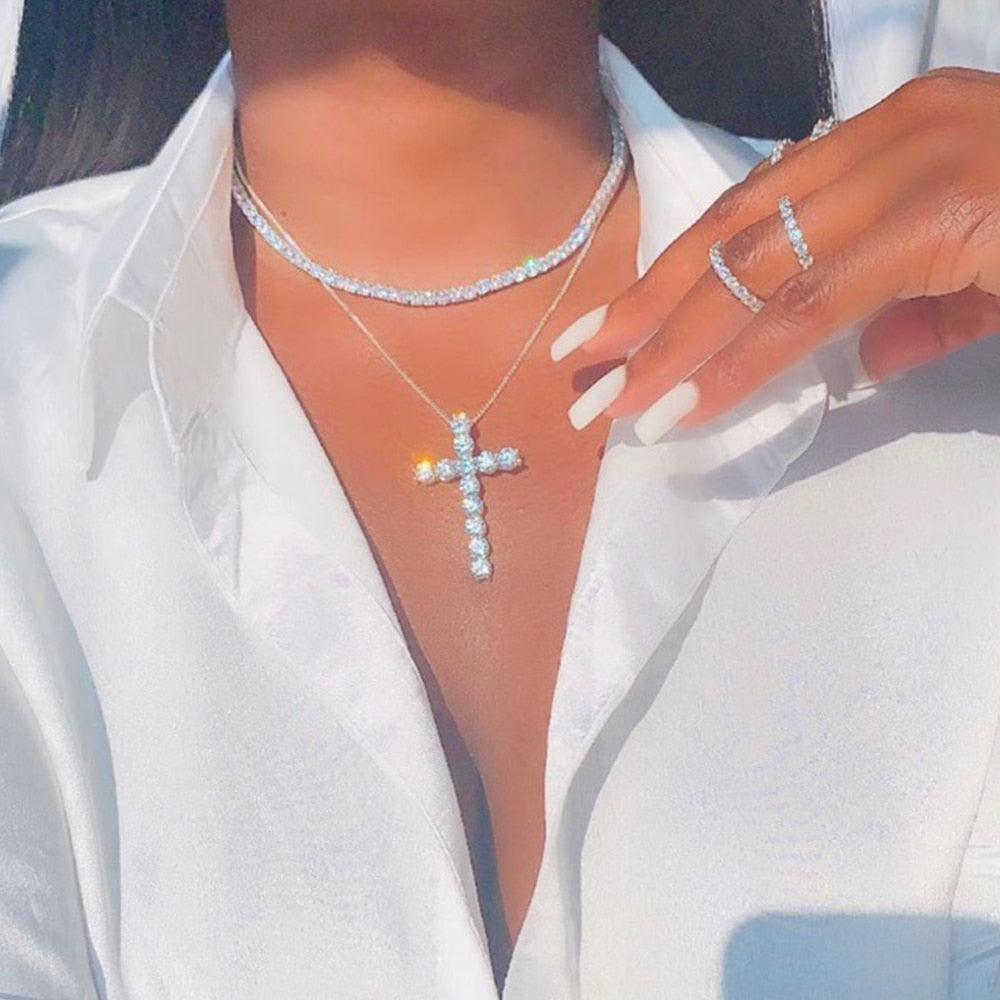 Punk Silver Color Cross Rhinestone Multi-layer Pendant Necklace