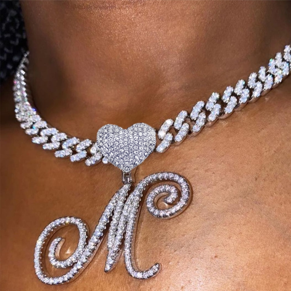 Initial Cursive Heart Pendant Necklace