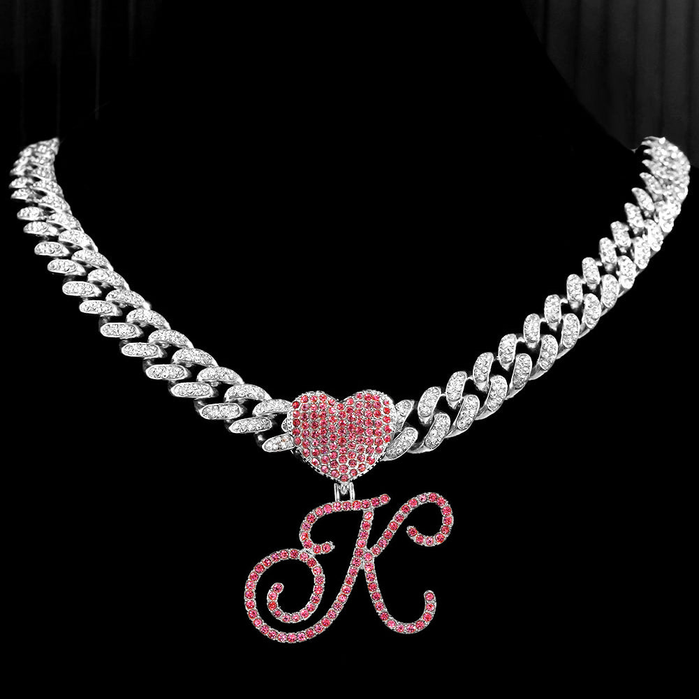 Pink A-Z Cursive Letter Initial Heart Pendant Necklace