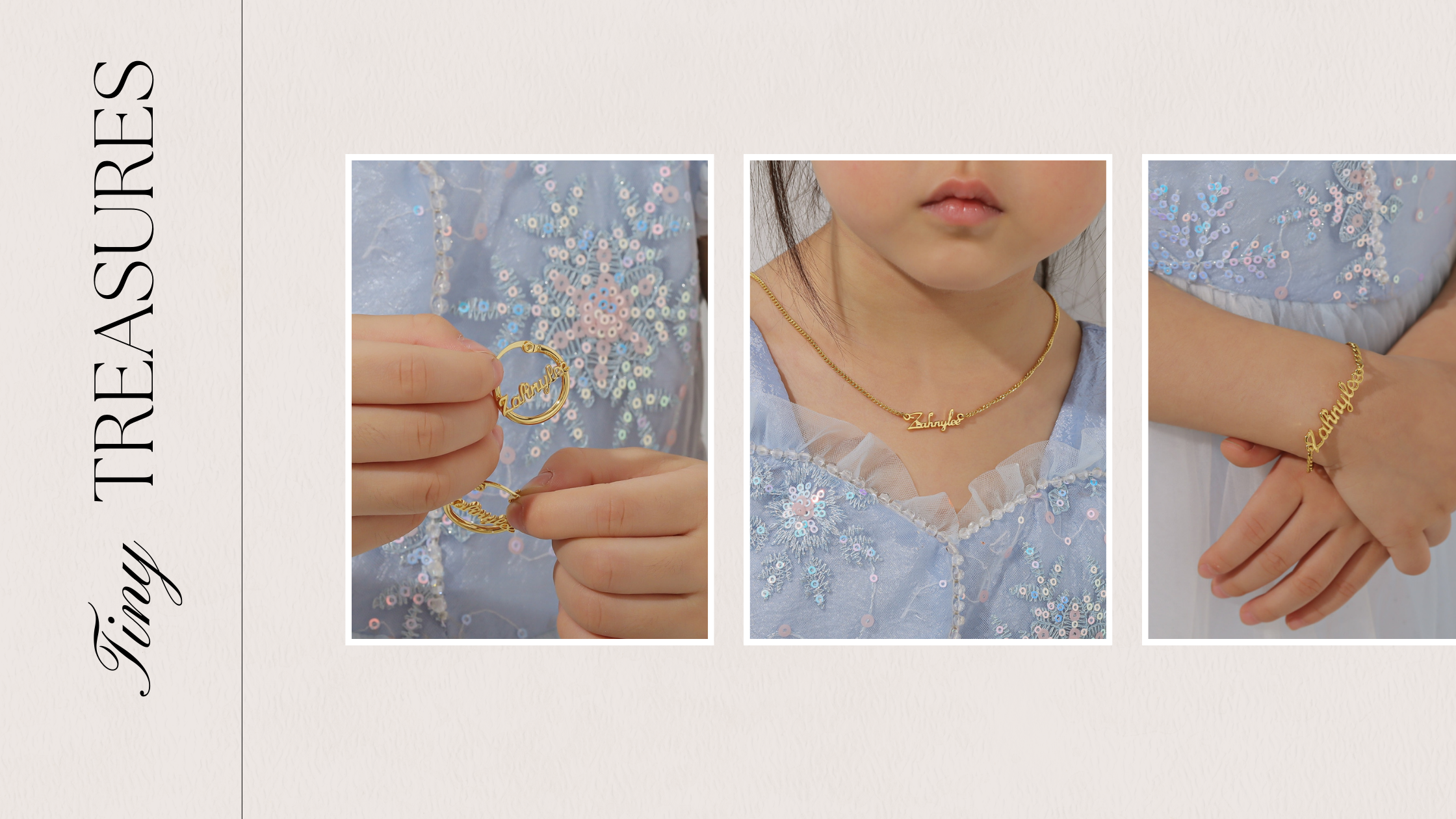 Collage of personalized children’s jewellery set: close-up of necklace, bracelet, and earrings with customizable name, birthstone, and symbol