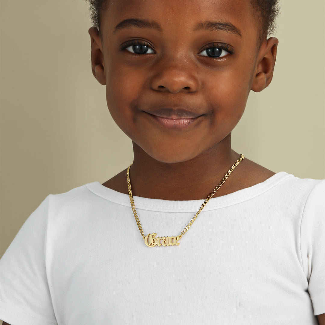 Kids Gothic Name Necklace w/ Cuban Chain