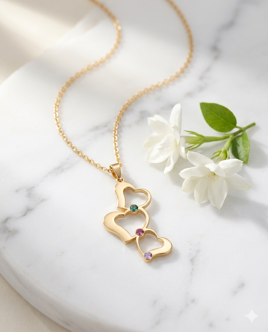 Personalized 3 Heart Birthstone Necklace - Limitless Jewellery