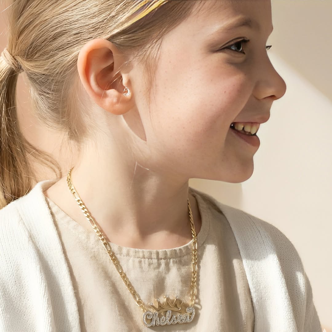 Kids Double Plated Crown Name Necklace w/ Figaro Chain