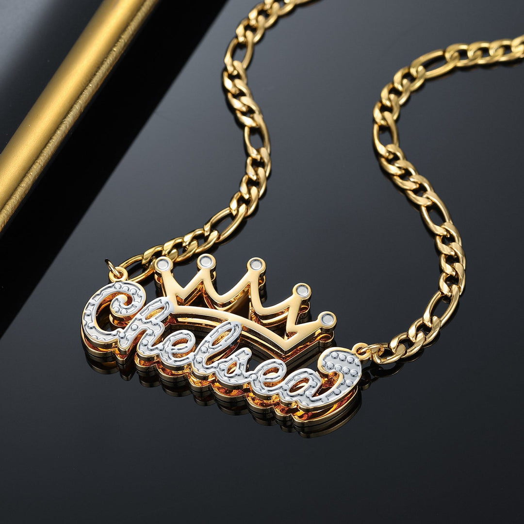 Kids Double Plated Crown Name Necklace w/ Figaro Chain