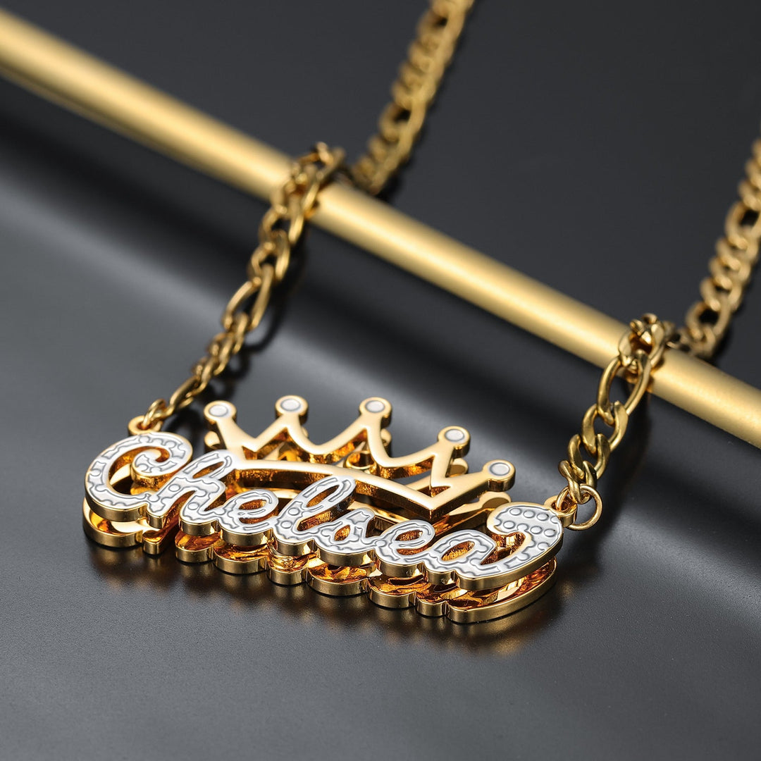 Kids Double Plated Crown Name Necklace w/ Figaro Chain