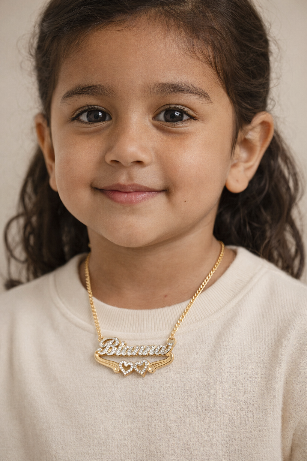 Kids Double Plated Hearts Name Necklace w/ Figaro Chain