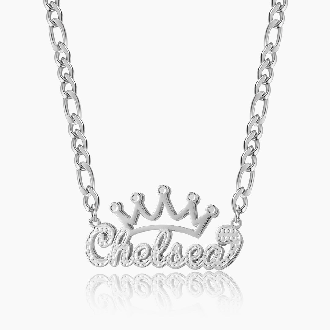 Kids Double Plated Crown Name Necklace w/ Figaro Chain