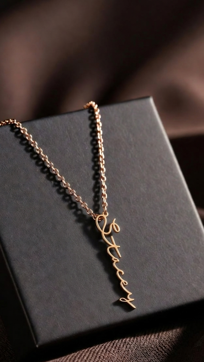 Gold personalized vertical name necklace displayed on a black box with soft fabric background in warm lighting.