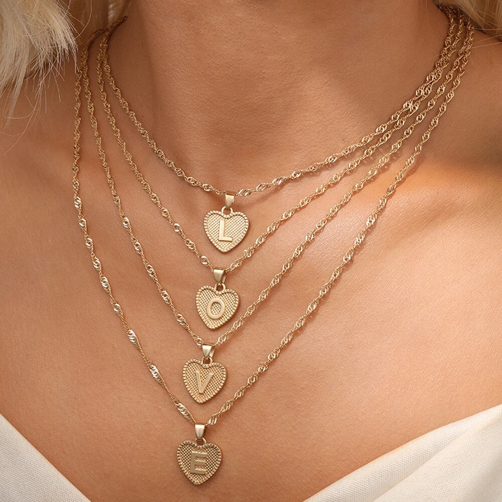 Vintage Initial Letter Heart Pendant Necklace