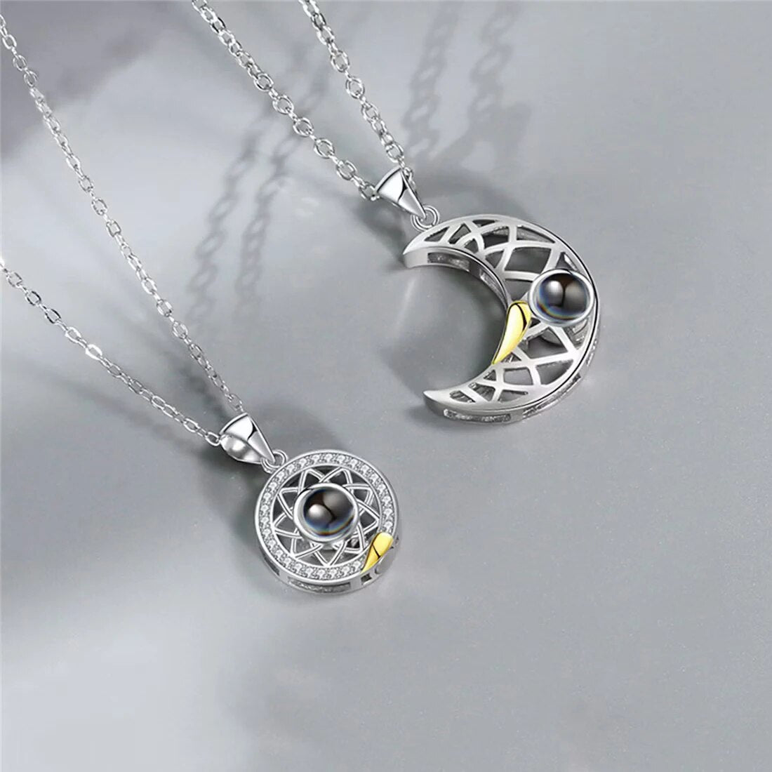 Custom Sun & Moon Projection Couple Necklace