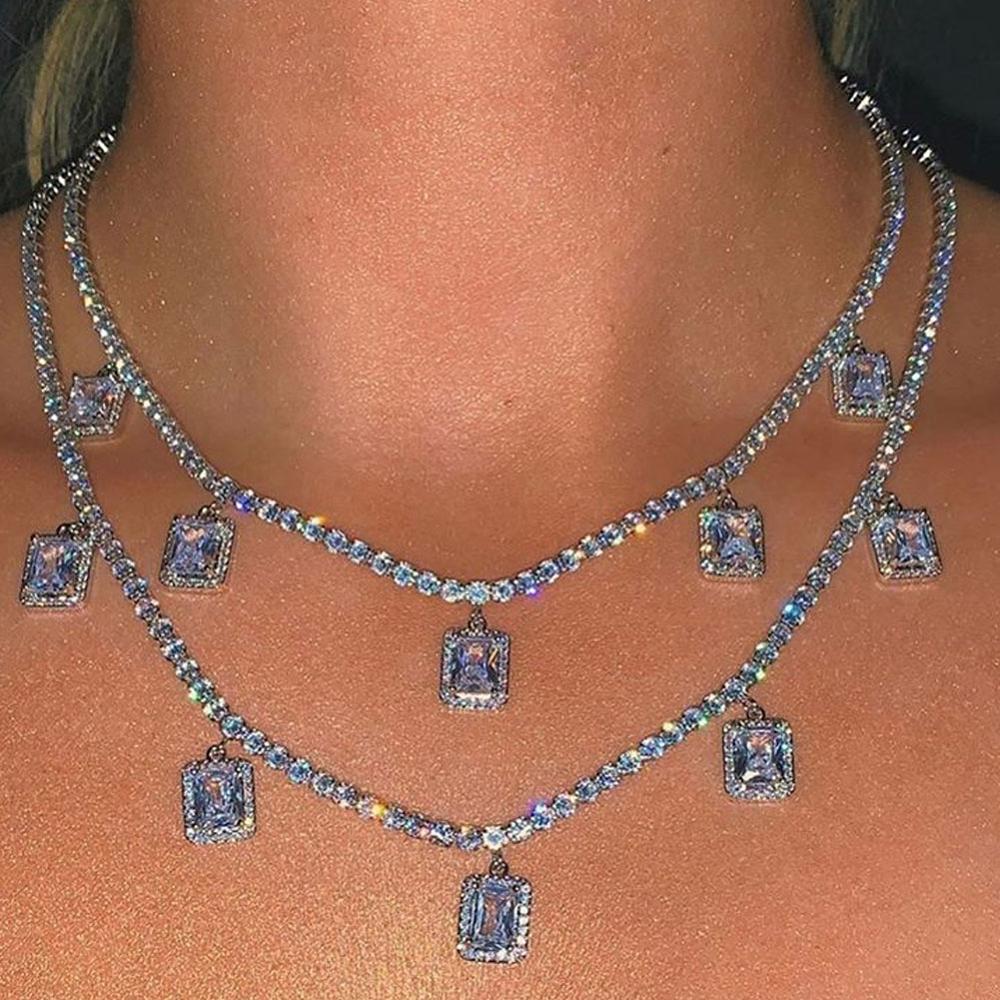 Iced Out Crystal Square Tennis Chain Necklace