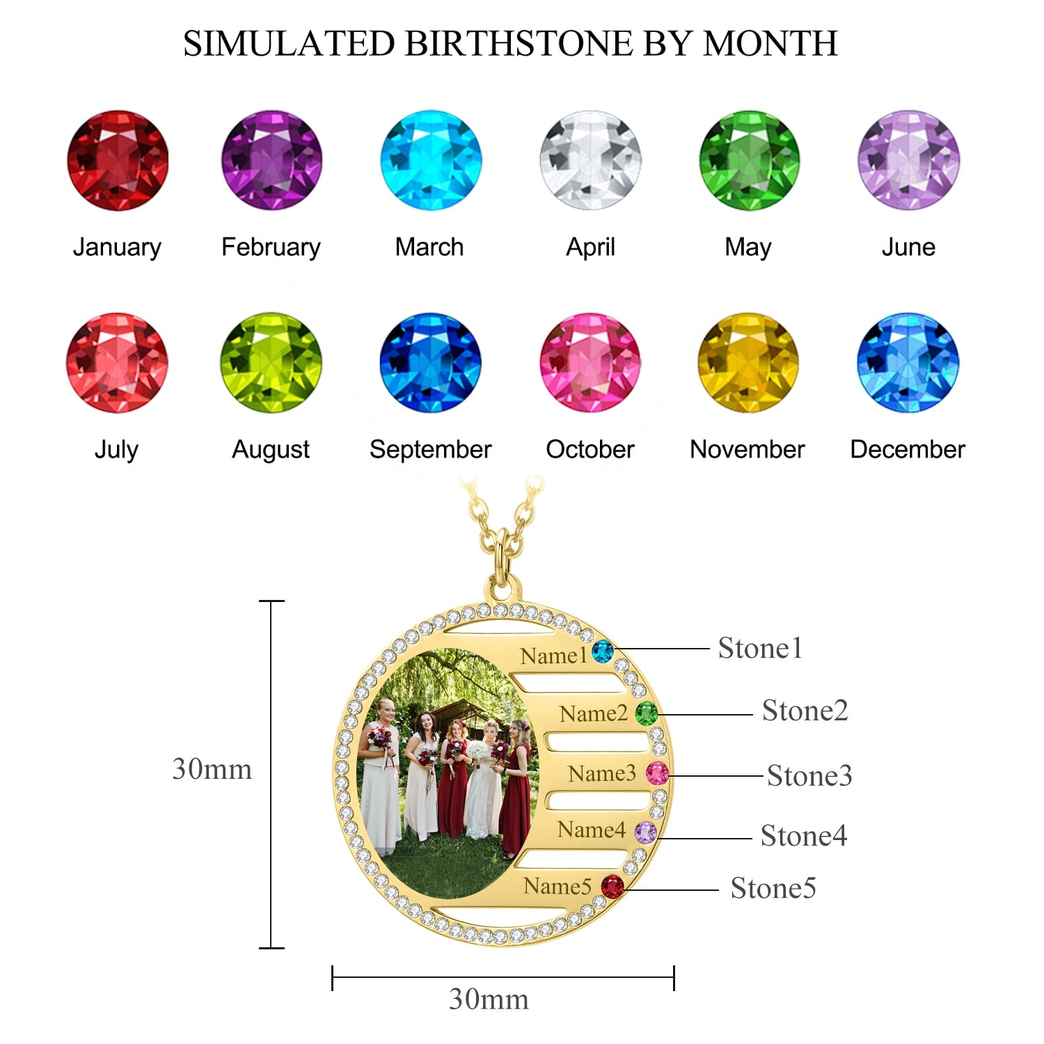 Personalized Family Birthstone Photo Necklace