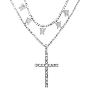 Punk Silver Color Cross Rhinestone Multi-layer Pendant Necklace