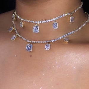 Iced Out Crystal Square Tennis Chain Necklace