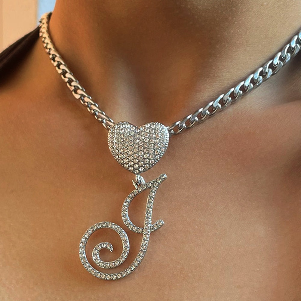 Initial Cursive Heart Pendant Necklace