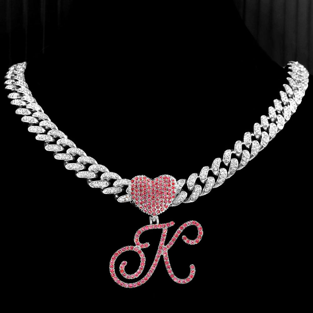 Pink A-Z Cursive Letter Initial Heart Pendant Necklace