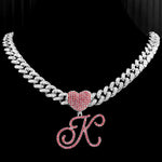 Pink A-Z Cursive Letter Initial Heart Pendant Necklace